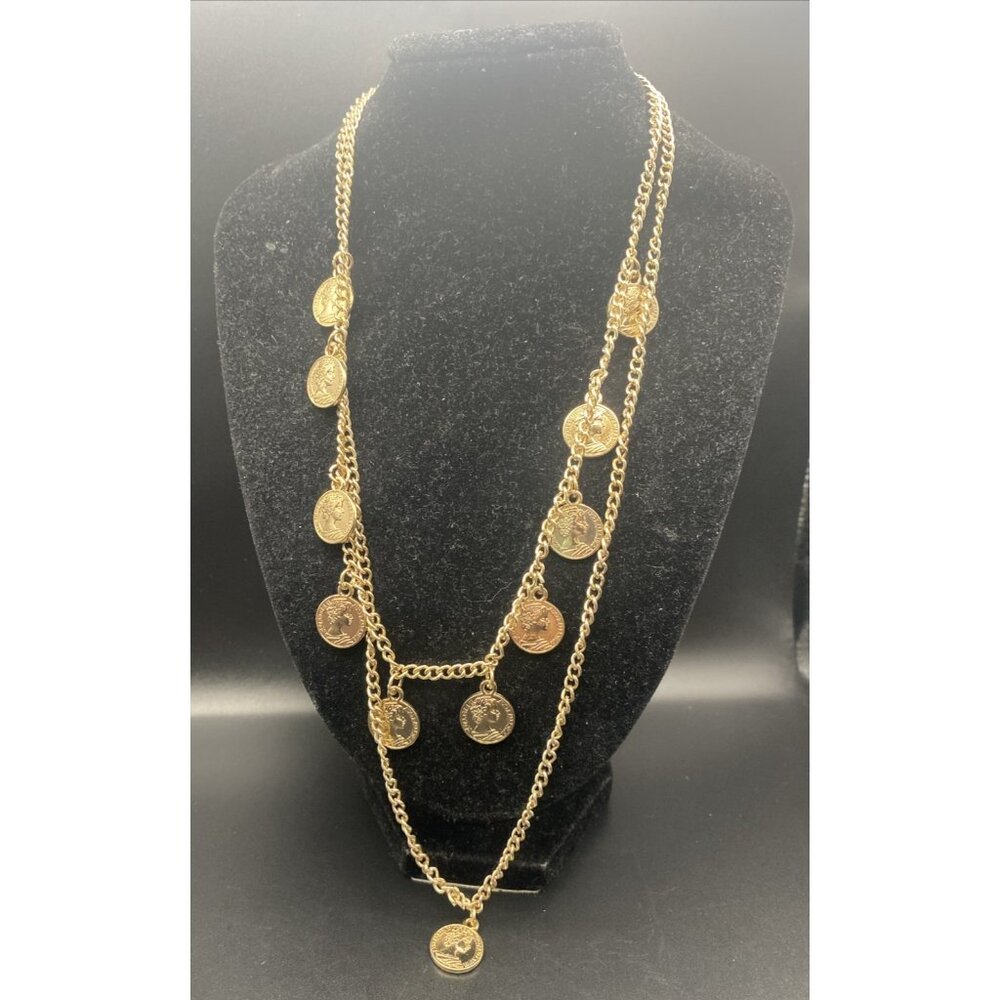 Two Layer Coin Charm Necklace Gold Tone 16/20" Curb Chain 1/2" Elizabeth II Aus - Picture 2 of 9